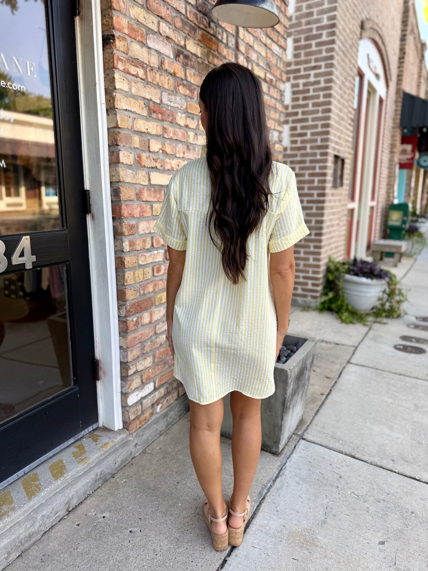 Day Striped Shirt Dress- Lemon/White