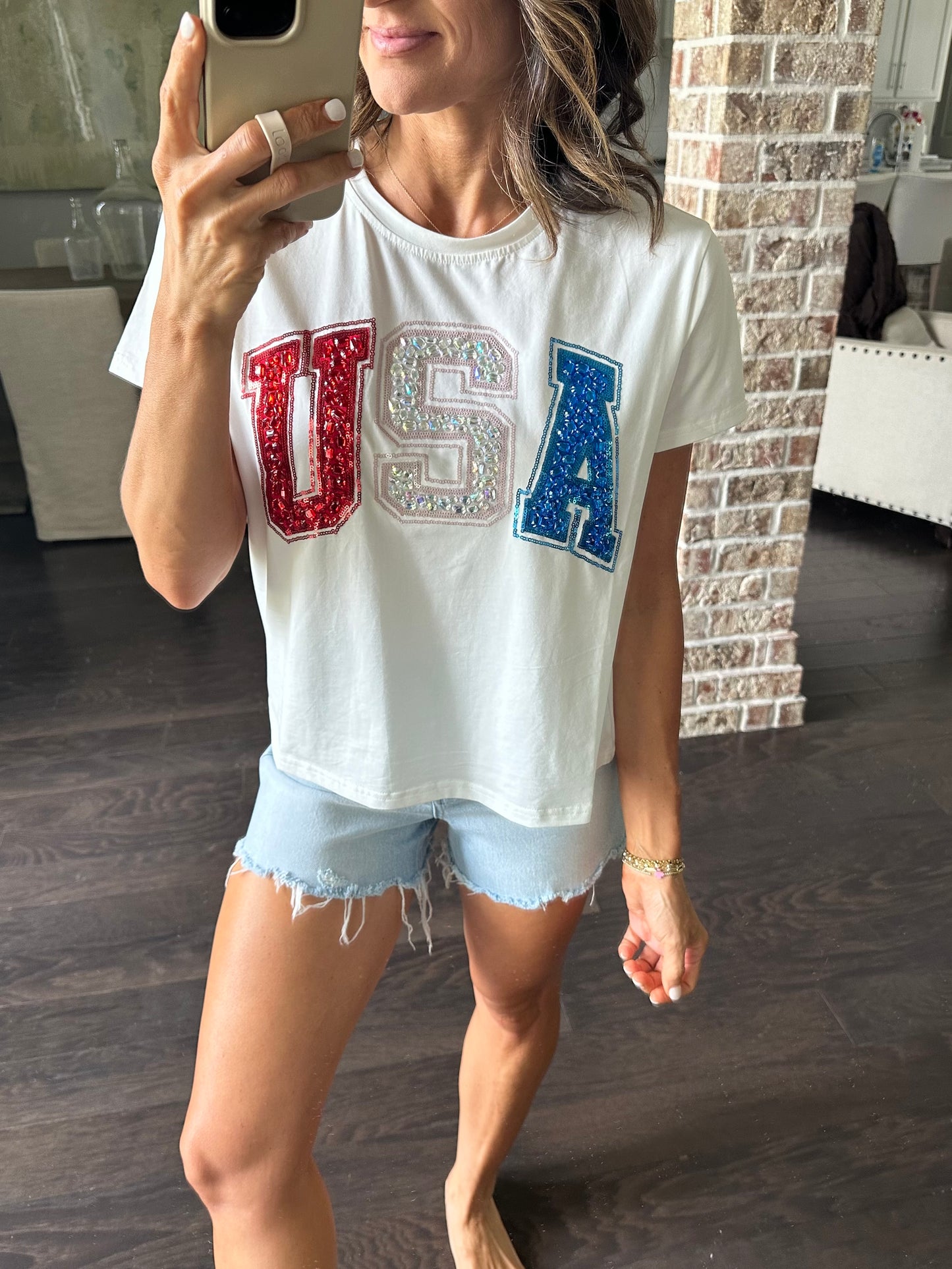 QOS Beaded USA Tee- White