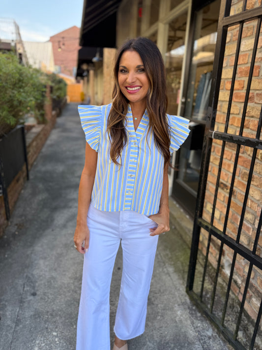 Fagan Flutter Sleeve Top- Blue/Yellow