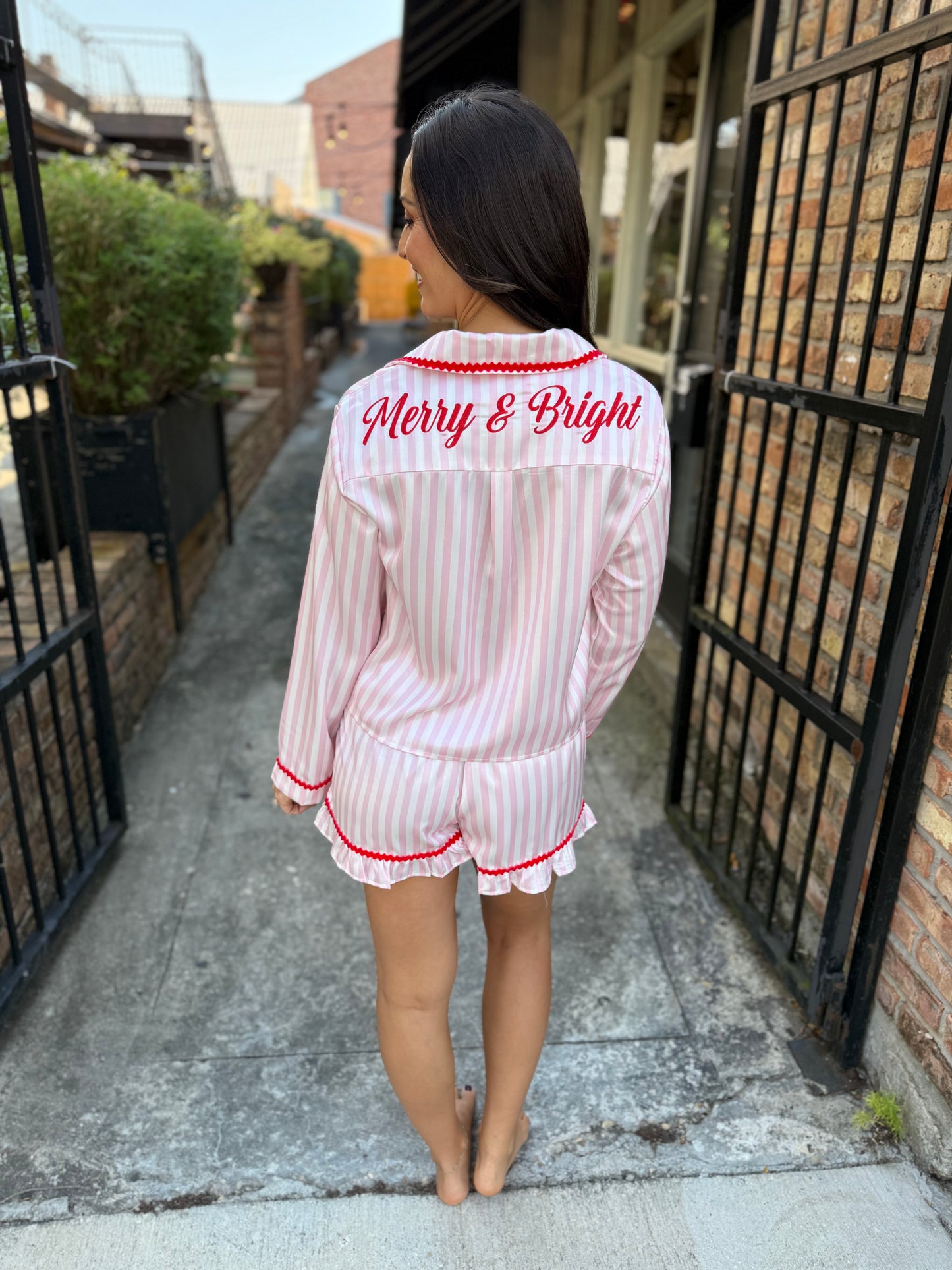 Stripe Velvet Edge Pajama SET- Pink/Red