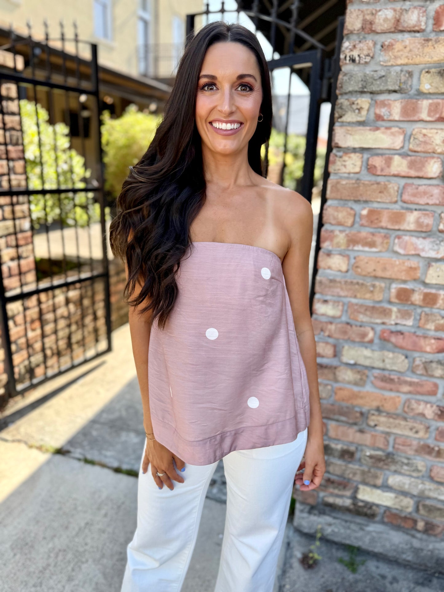 Polka Dot Strapless Top- Mocha