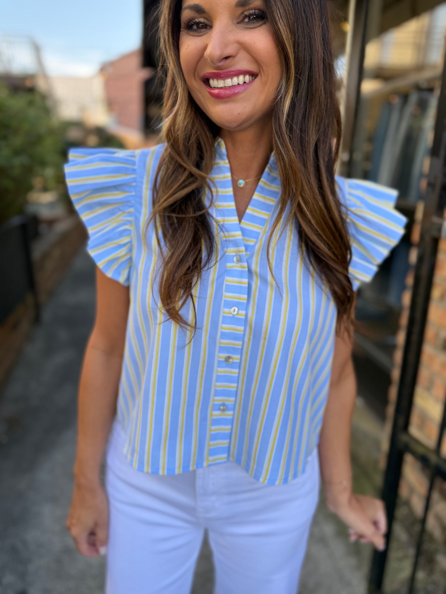 Fagan Flutter Sleeve Top- Blue/Yellow