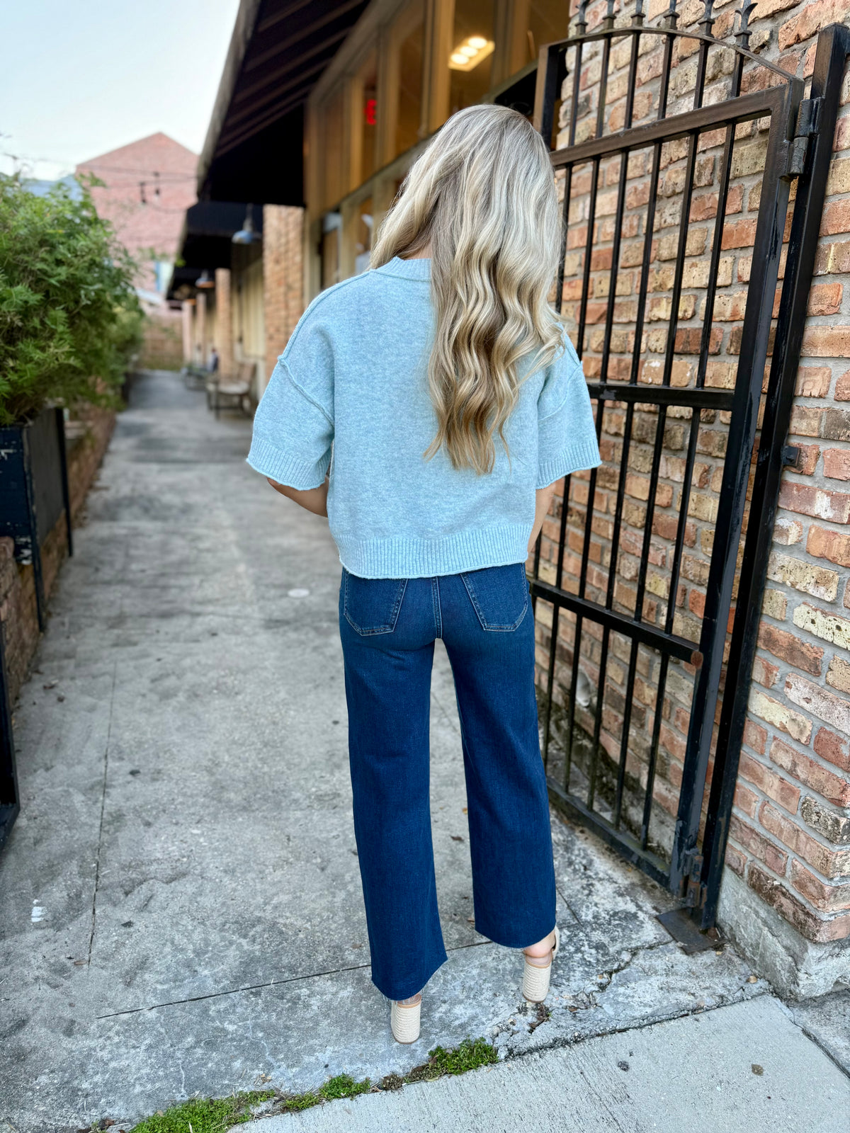 Brendan Mock Neck Sweater Top- Sky