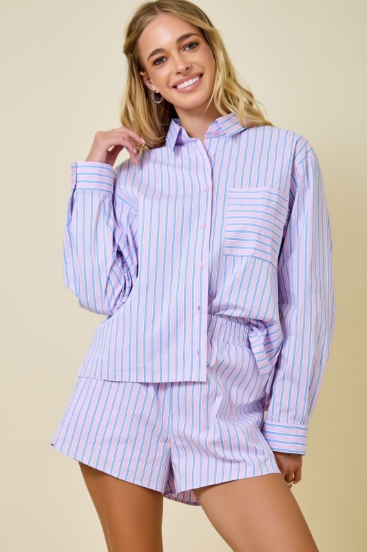 Vonn Button Down Top- Pink/Blue