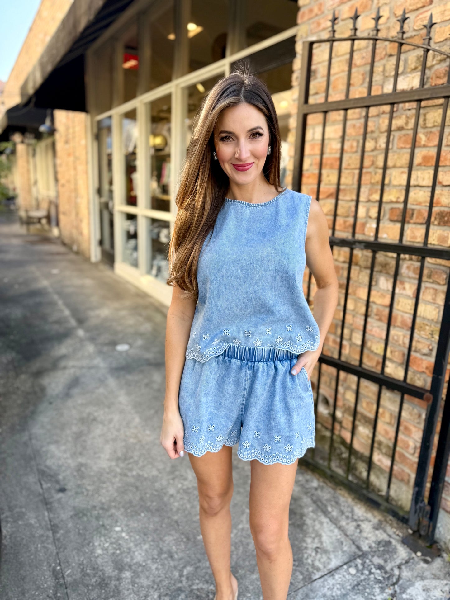 Embroidered Scalloped Denim Top