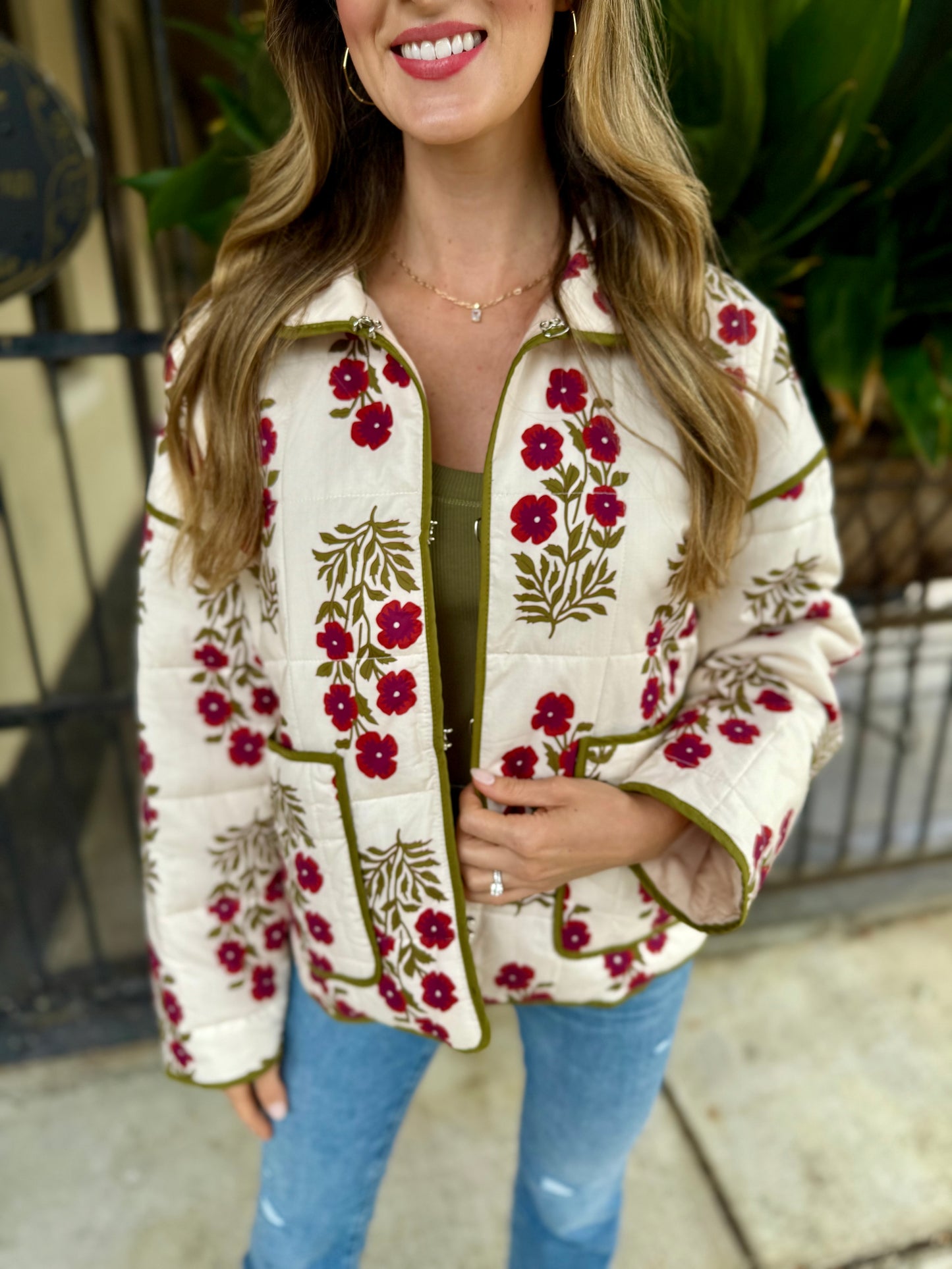 Botanical Quilted Jacket- Red Ecru