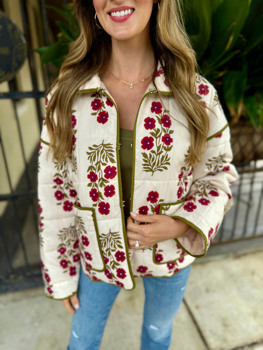 Botanical Quilted Jacket- Red Ecru