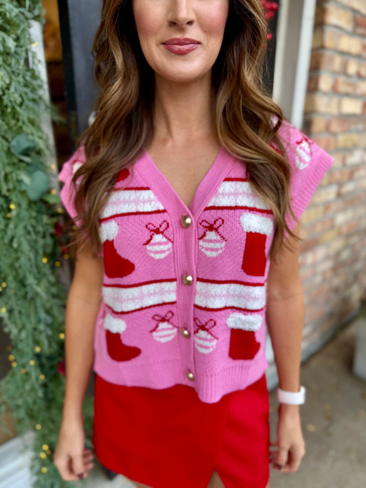 Ornament Motif Knit Vest Top- Pink Multi