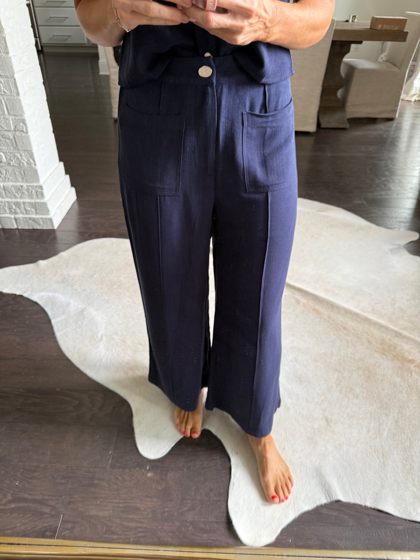 Front Pocket Linen Pants- Navy