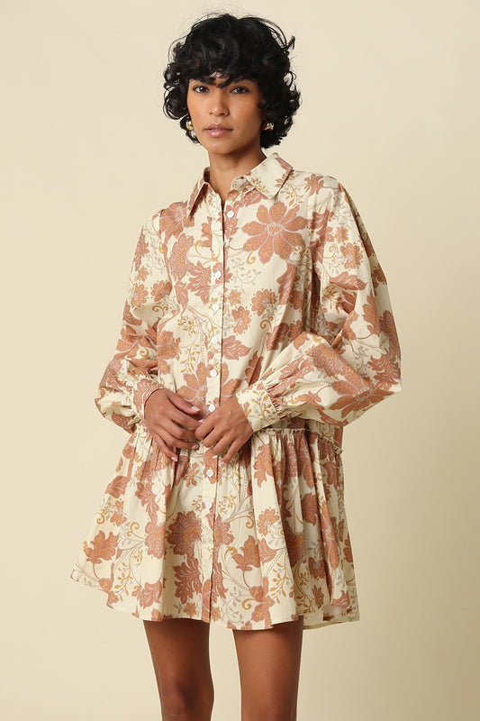 Mia Floral Mini Shirt Dress- Natural Rust