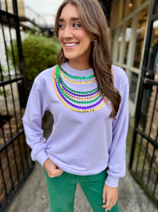 Mardi Gras Bead Sweatshirt- Lavender
