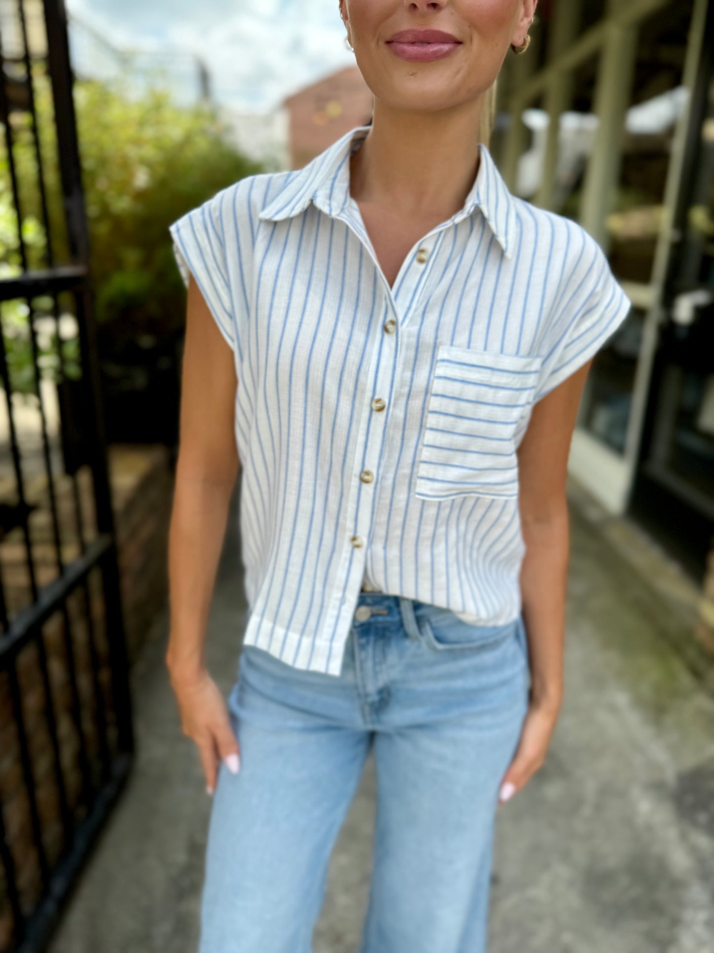 Barry Striped Button Up Top- Blue