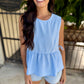 Gingham Peplum Top- Blue