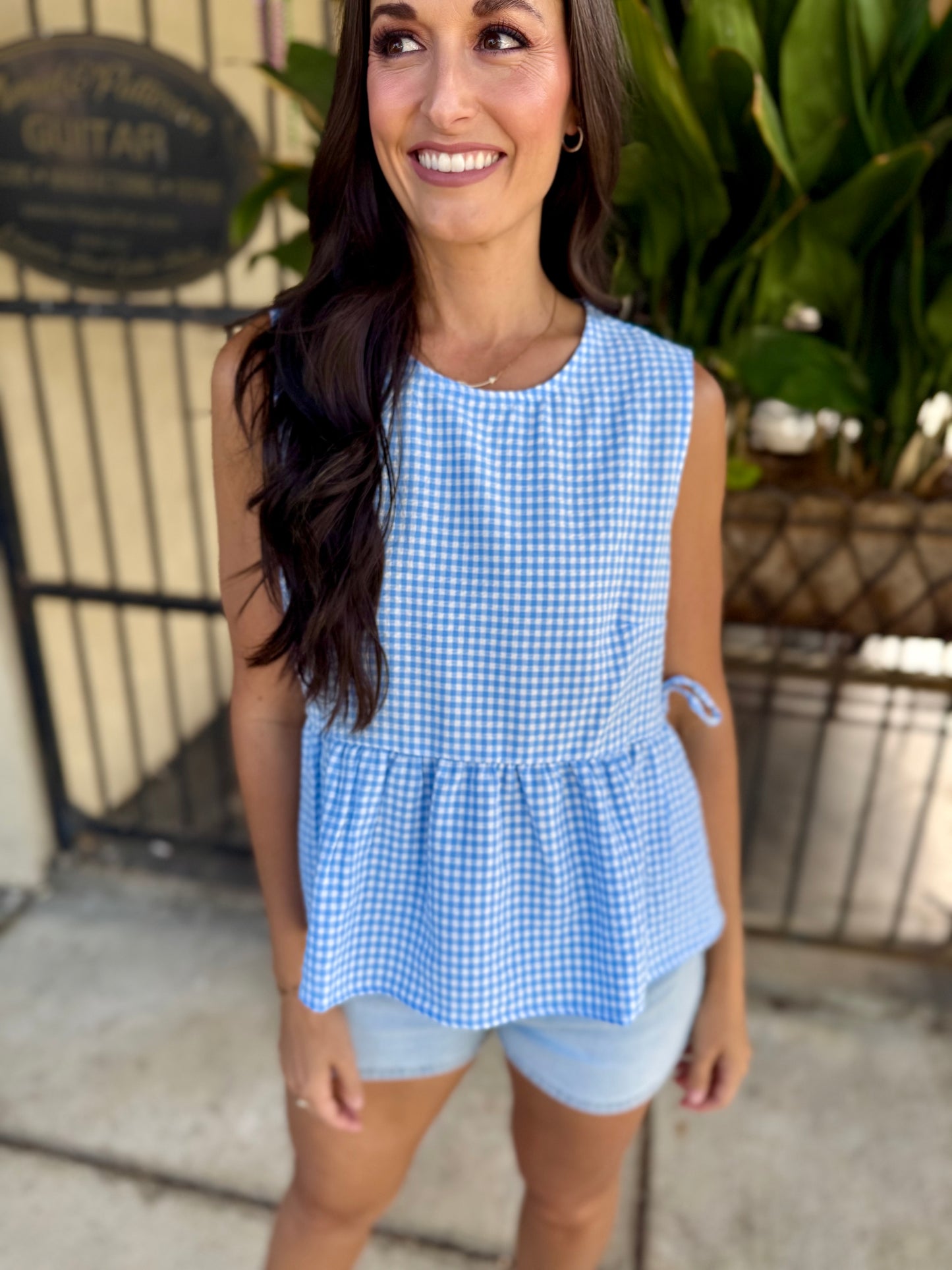 Gingham Peplum Top- Blue
