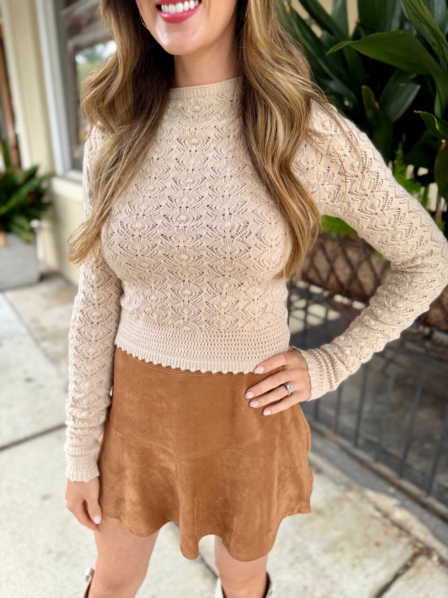 Polly Pointelle Knit Sweater- Taupe