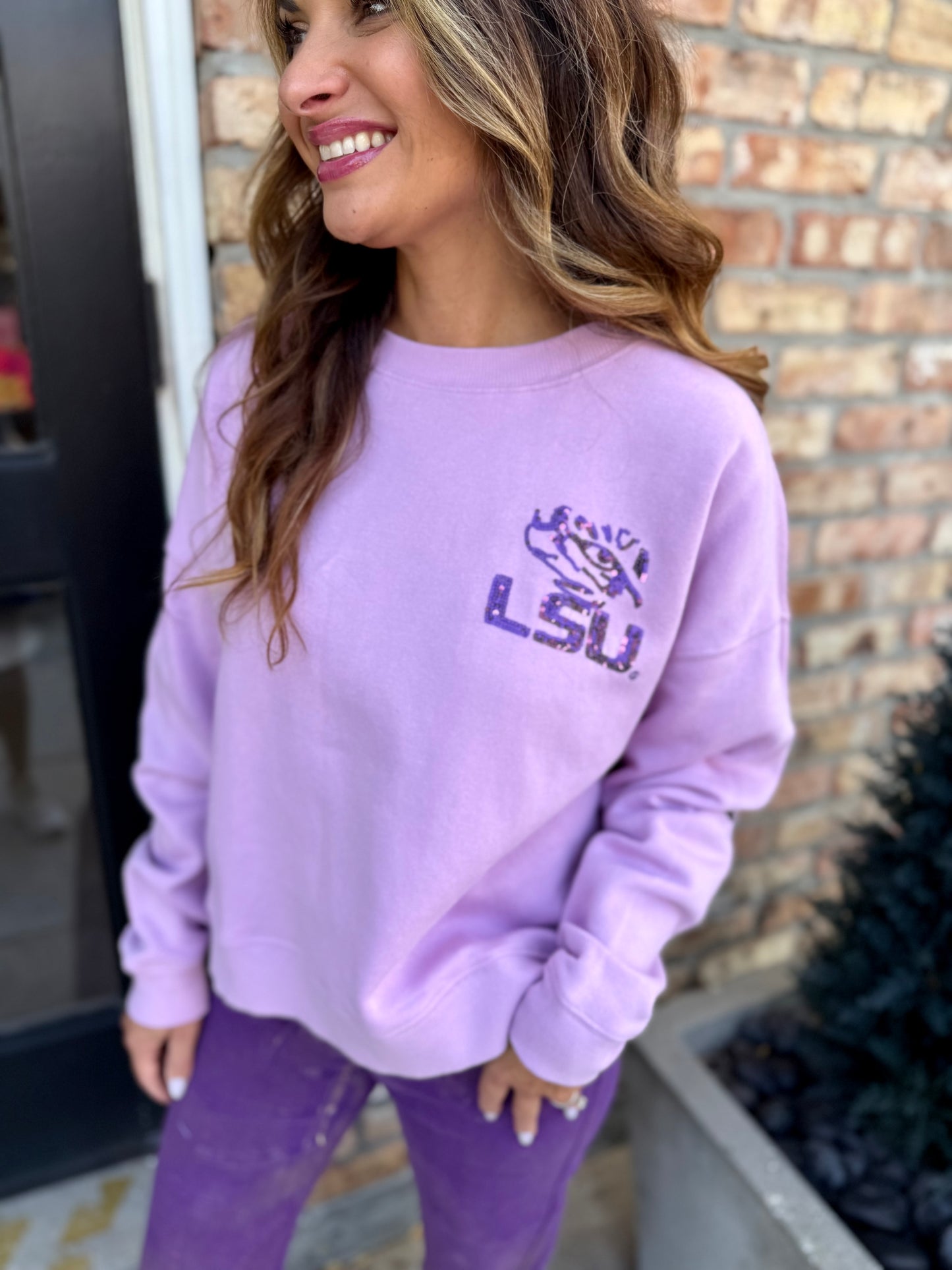LSU Sequin Boxy Sweatshirt- Lavender