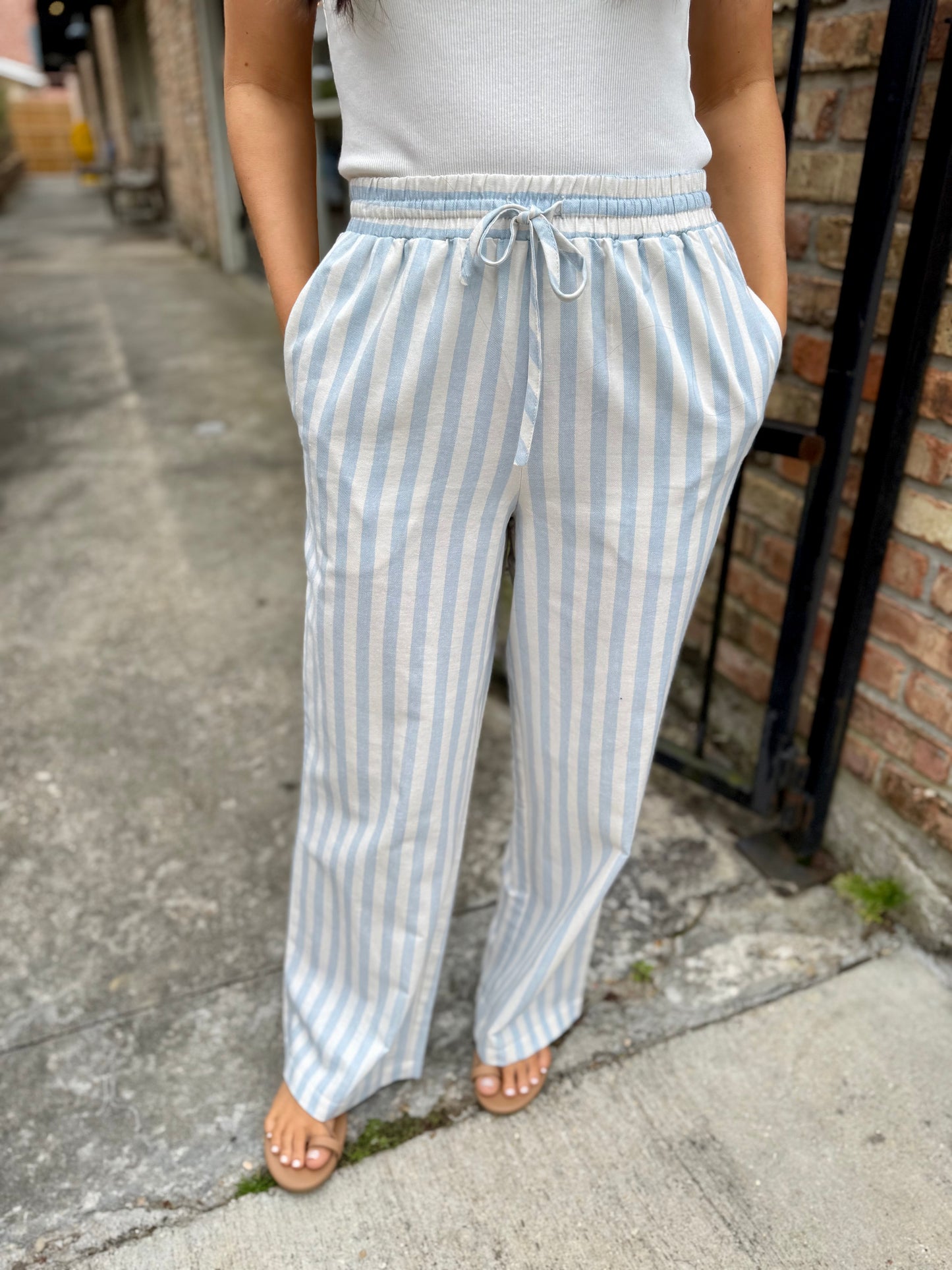 Vertical Striped Drawstring Pants- Blue