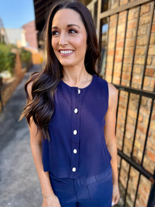 Shell Button Linen Top- Navy