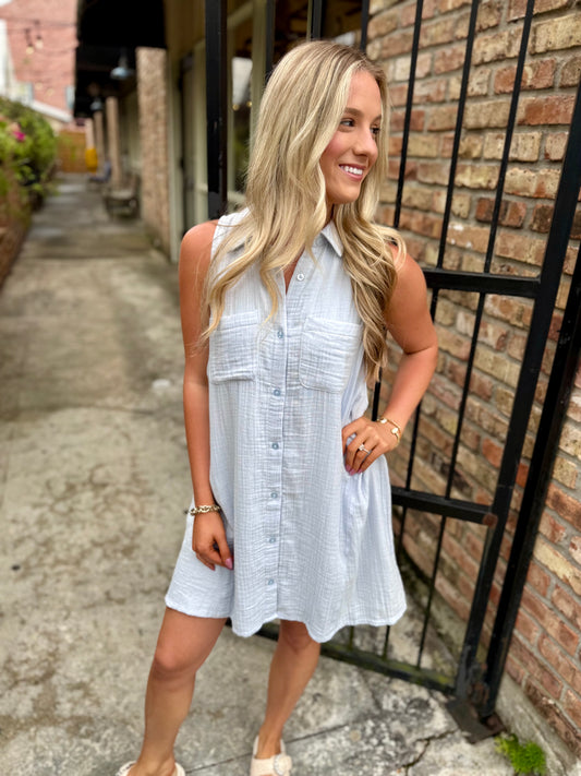 Z Supply New Light Crinkled Mini Dress- Hamptons Blue