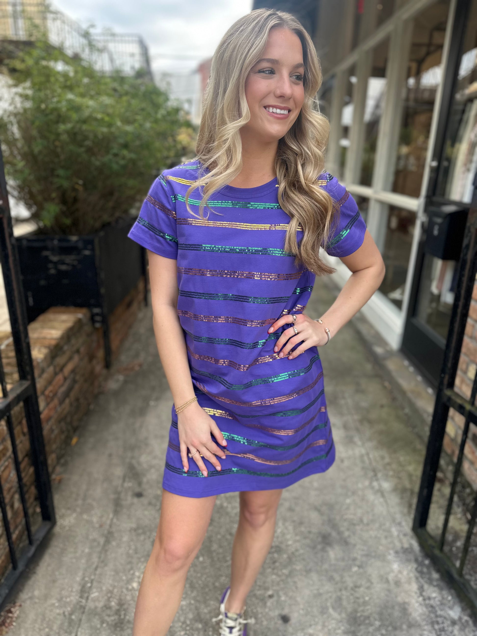MG Sequin Stripe Dress- Purple Small MG Sequin Stripe Dress- Purple Small