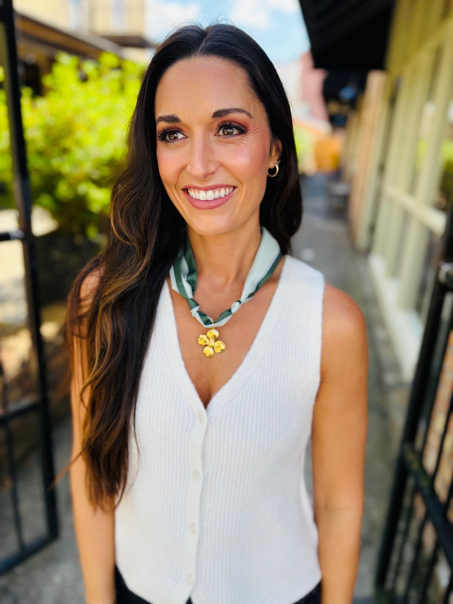 Scarf Necklace-Green Block/Gold Flower