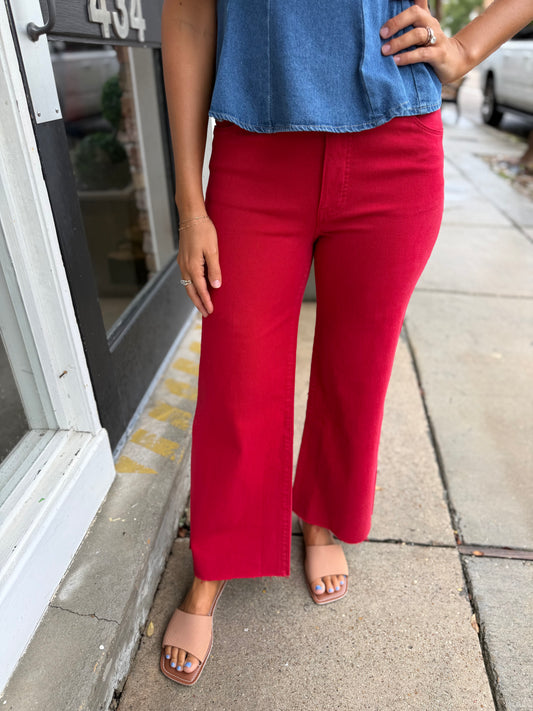 Meg (Ruby Red) HR Wide Leg Denim