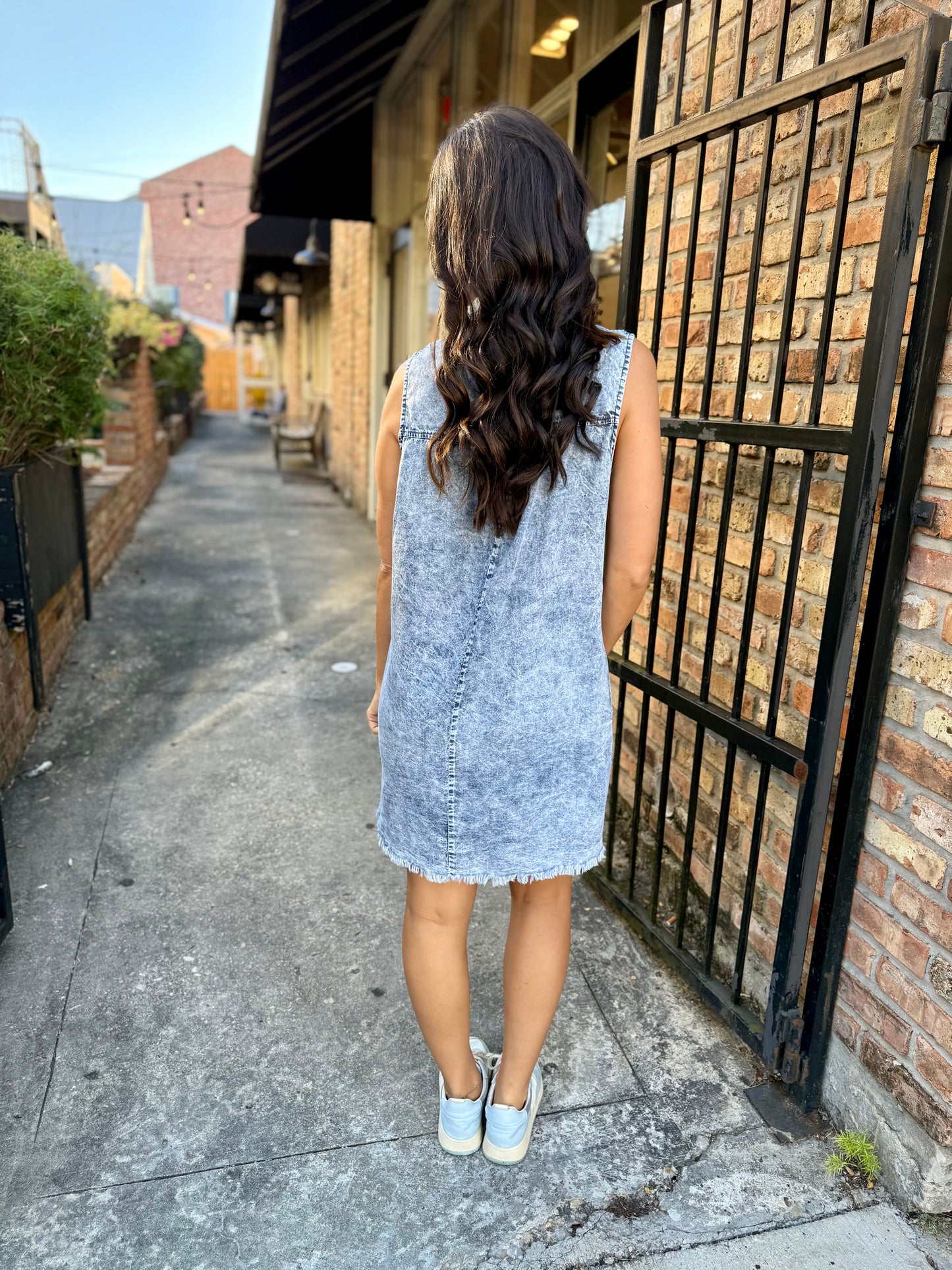 Double Pocket Moon Mini Dress- Washed Denim