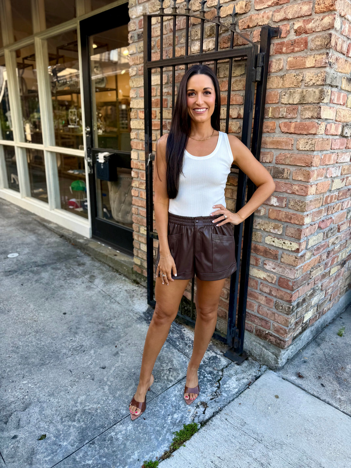 Albe Faux Leather Shorts- Brown