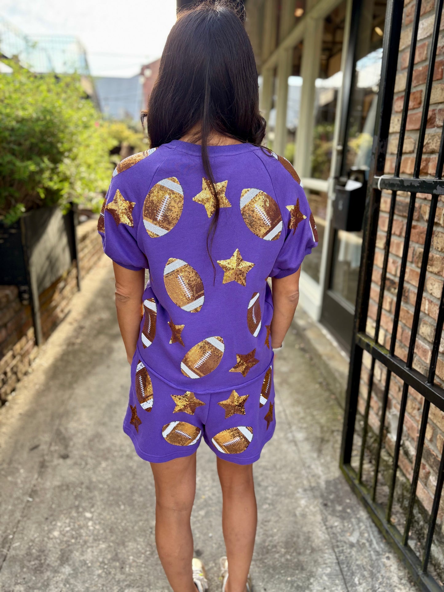 Scattered Football & Stars Shorts- Purple