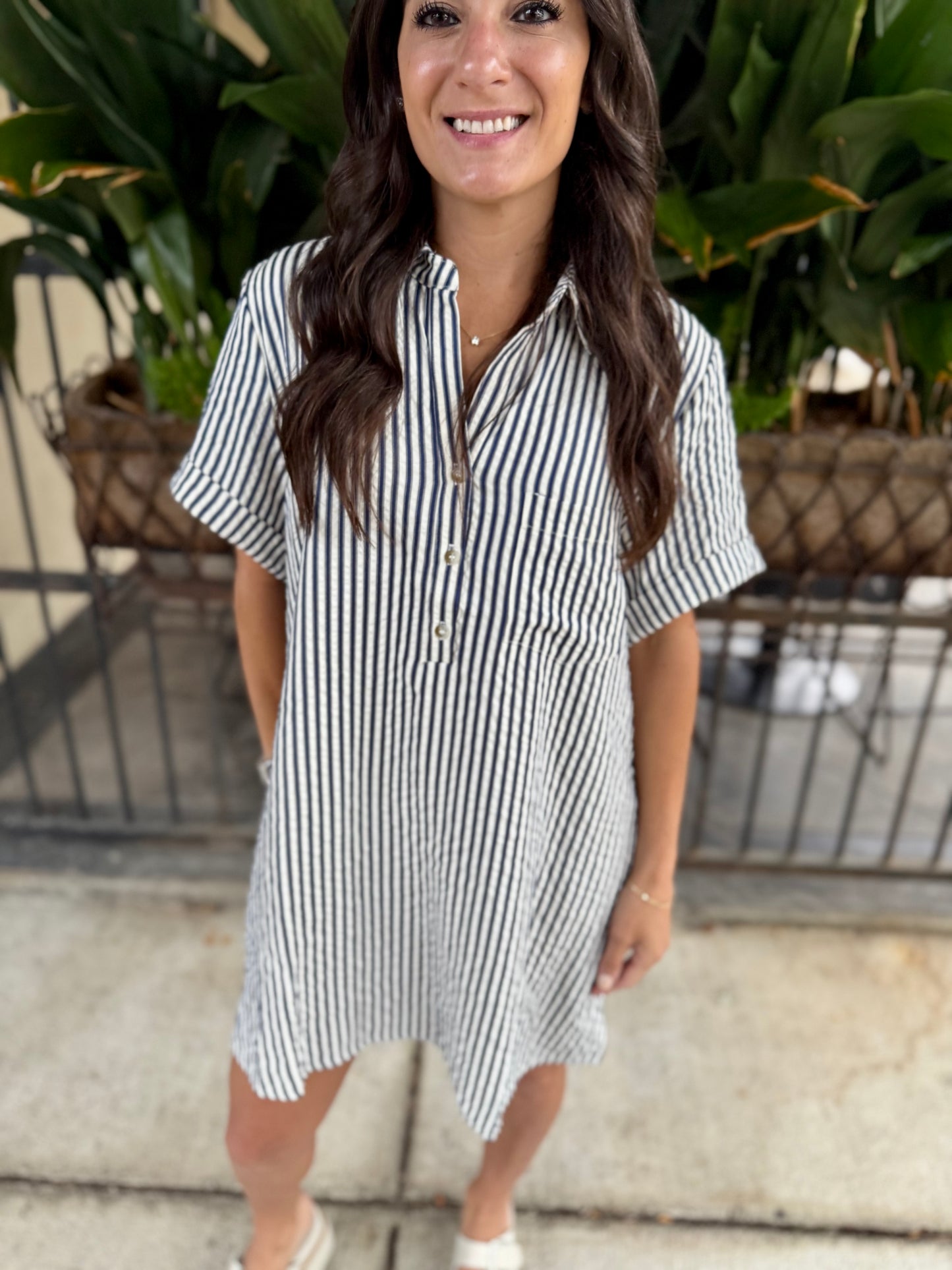 Day Striped Shirt Dress- Navy