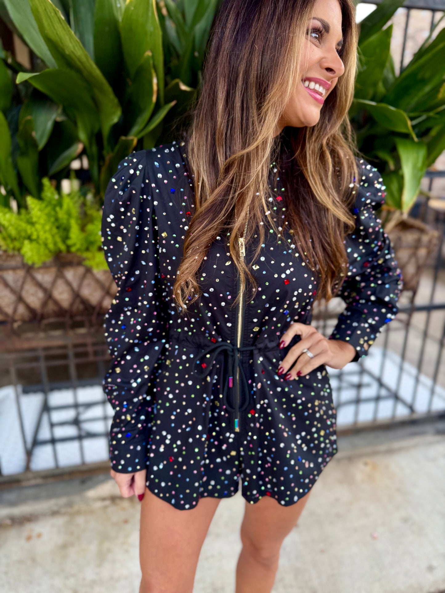 Scattered Rhinestone Romper- Black
