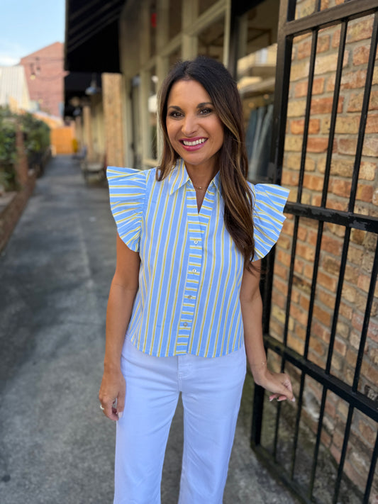 Fagan Flutter Sleeve Top- Blue/Yellow