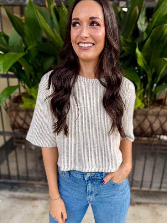 Arden Stripe Boxy Top- Grey Ivory