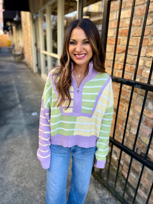 Benson Stripe 1/4 Zip Sweater- Pastel