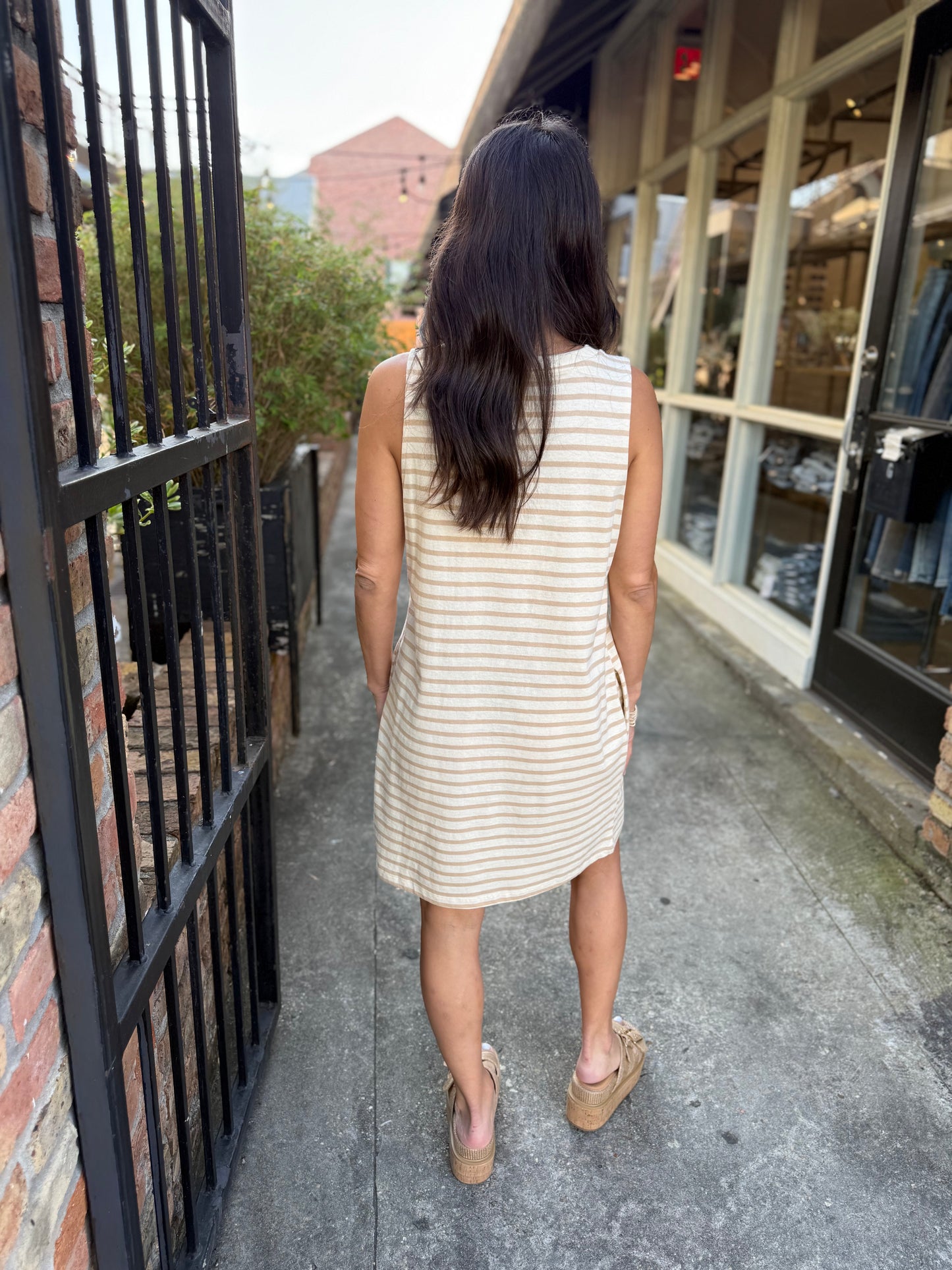 Piper Stripe Sleeveless Pocket Dress- Taupe
