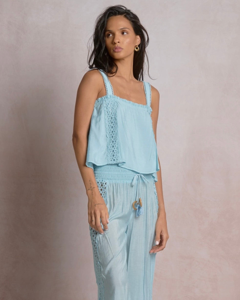 Doha Eyelet Flowy Tank- Blue