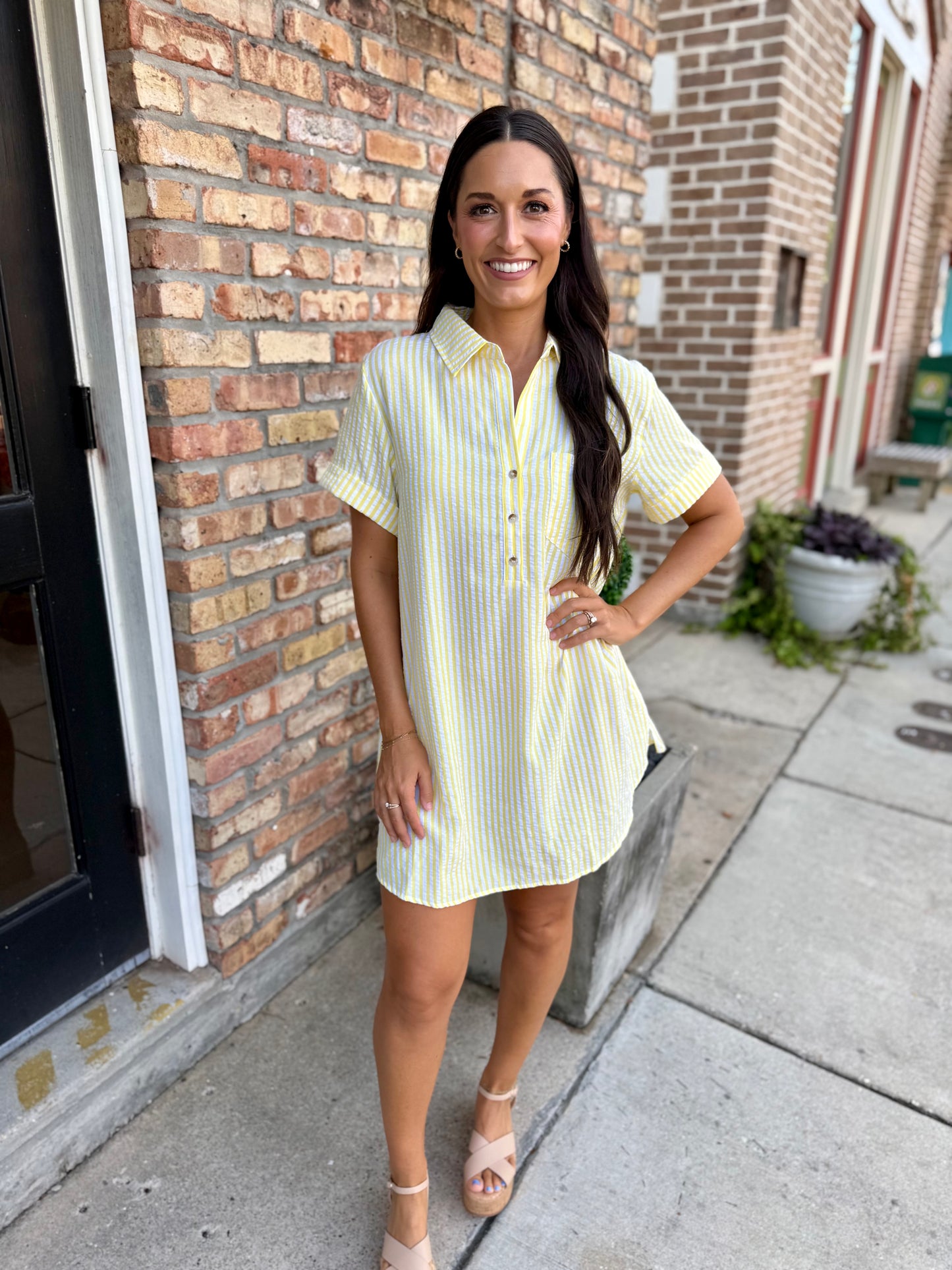 Day Striped Shirt Dress- Lemon/White