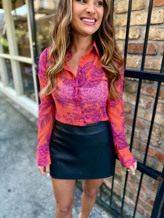 Talia Floral Shirt- Orange/Magenta