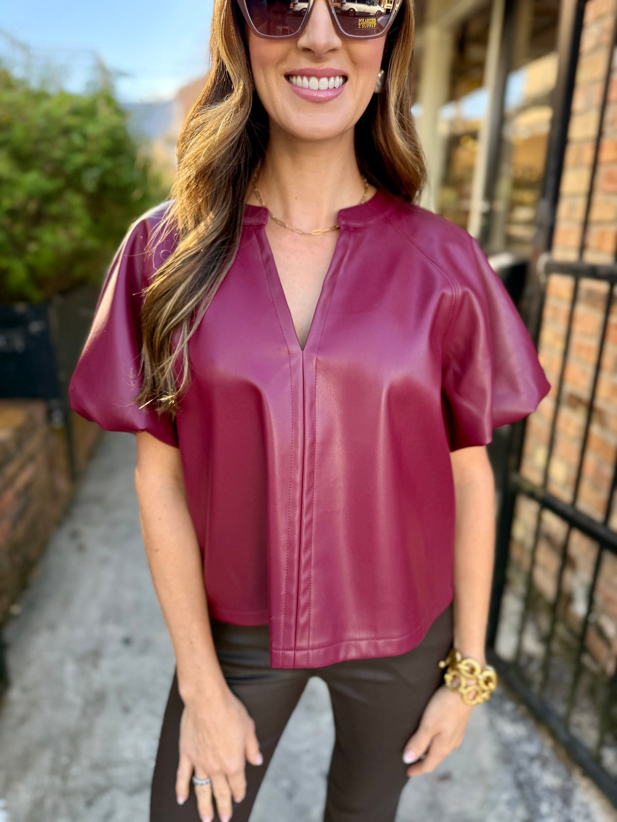 Cecila Faux Leather Top- Cordovan