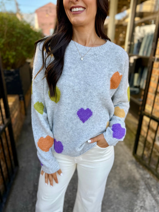Mardi Gras Heart Sweater- Grey