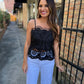 Embroidered Eyelet Peplum- Black