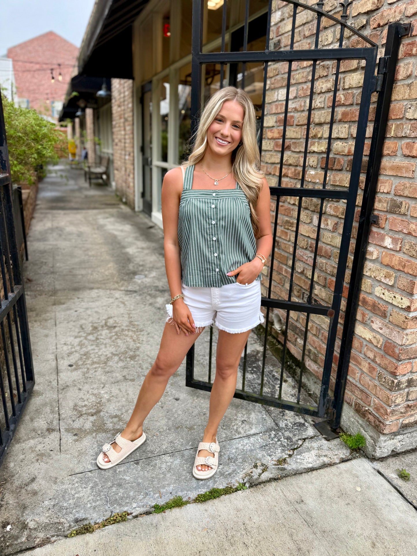 Lucille Striped Tank Top- Olive Green