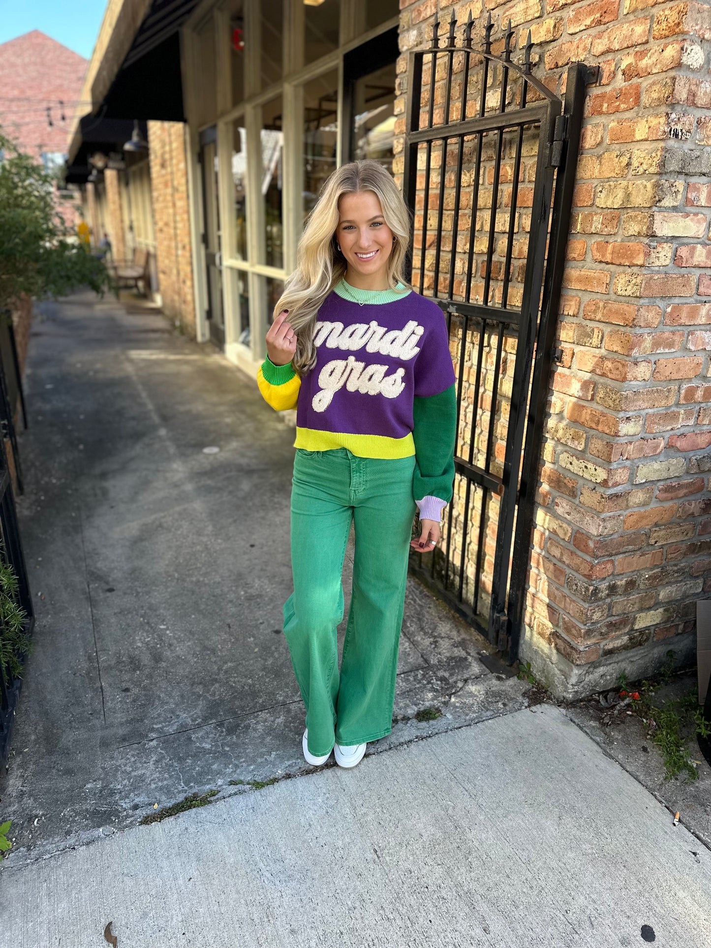 Mardi Gras Fuzzy Colorblock Sweater- Purple