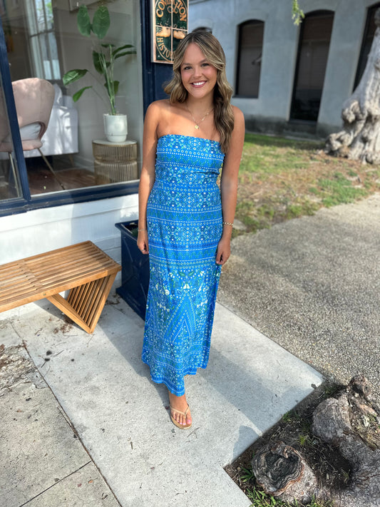 Gregory Strapless Maxi- Blue Multi