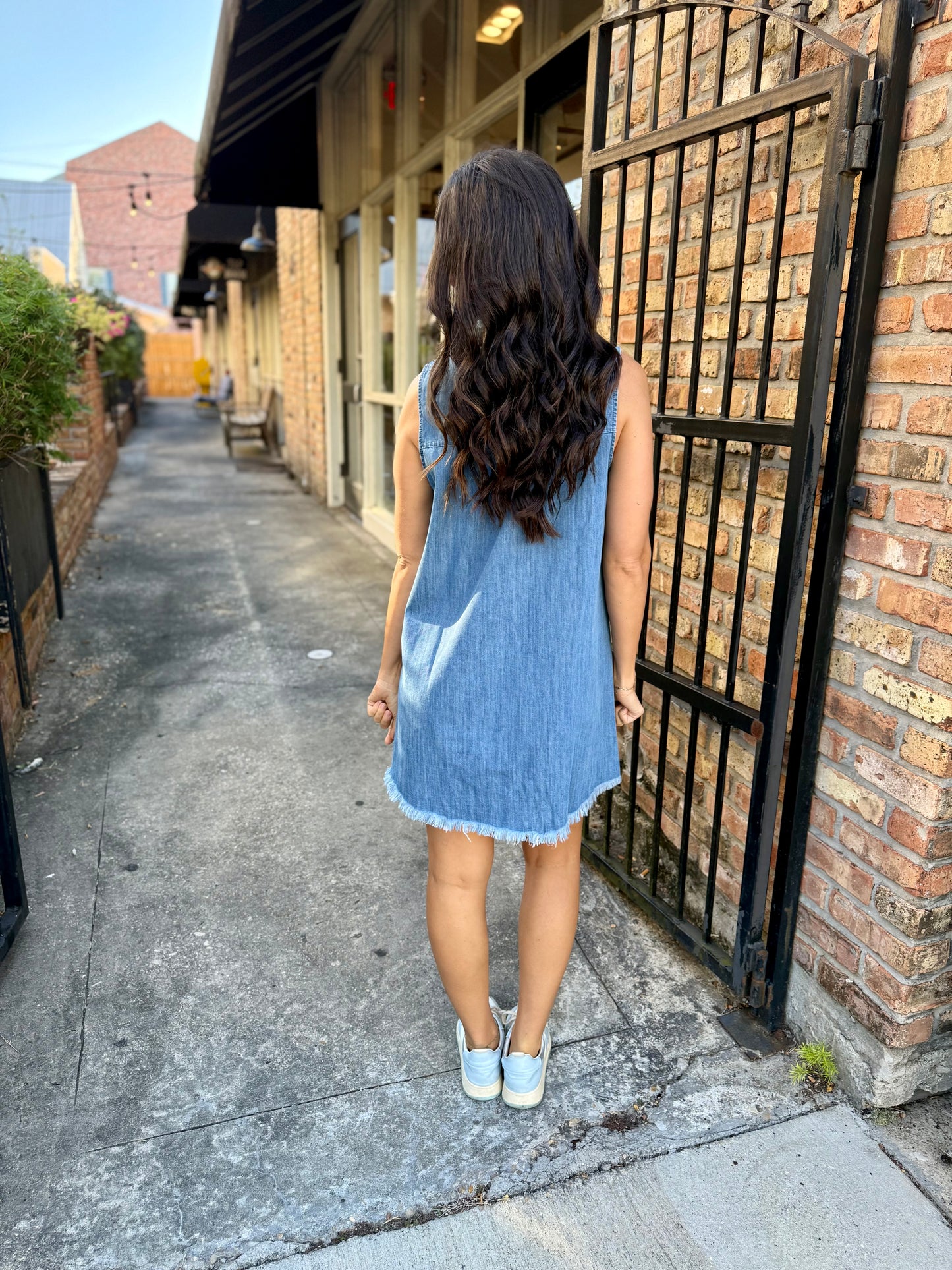 Single Pocket Moon Mini Dress- Washed Denim