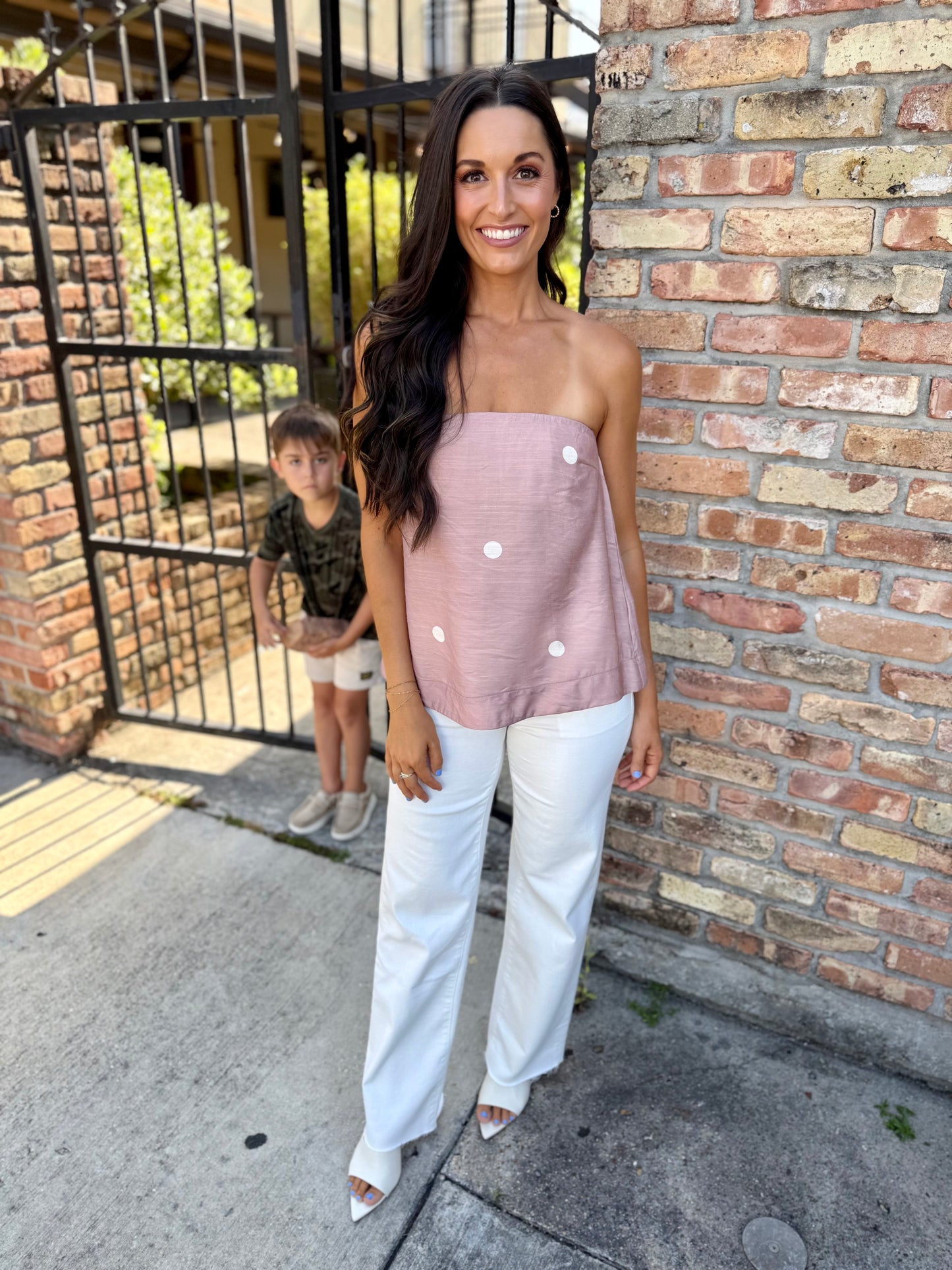 Polka Dot Strapless Top- Mocha