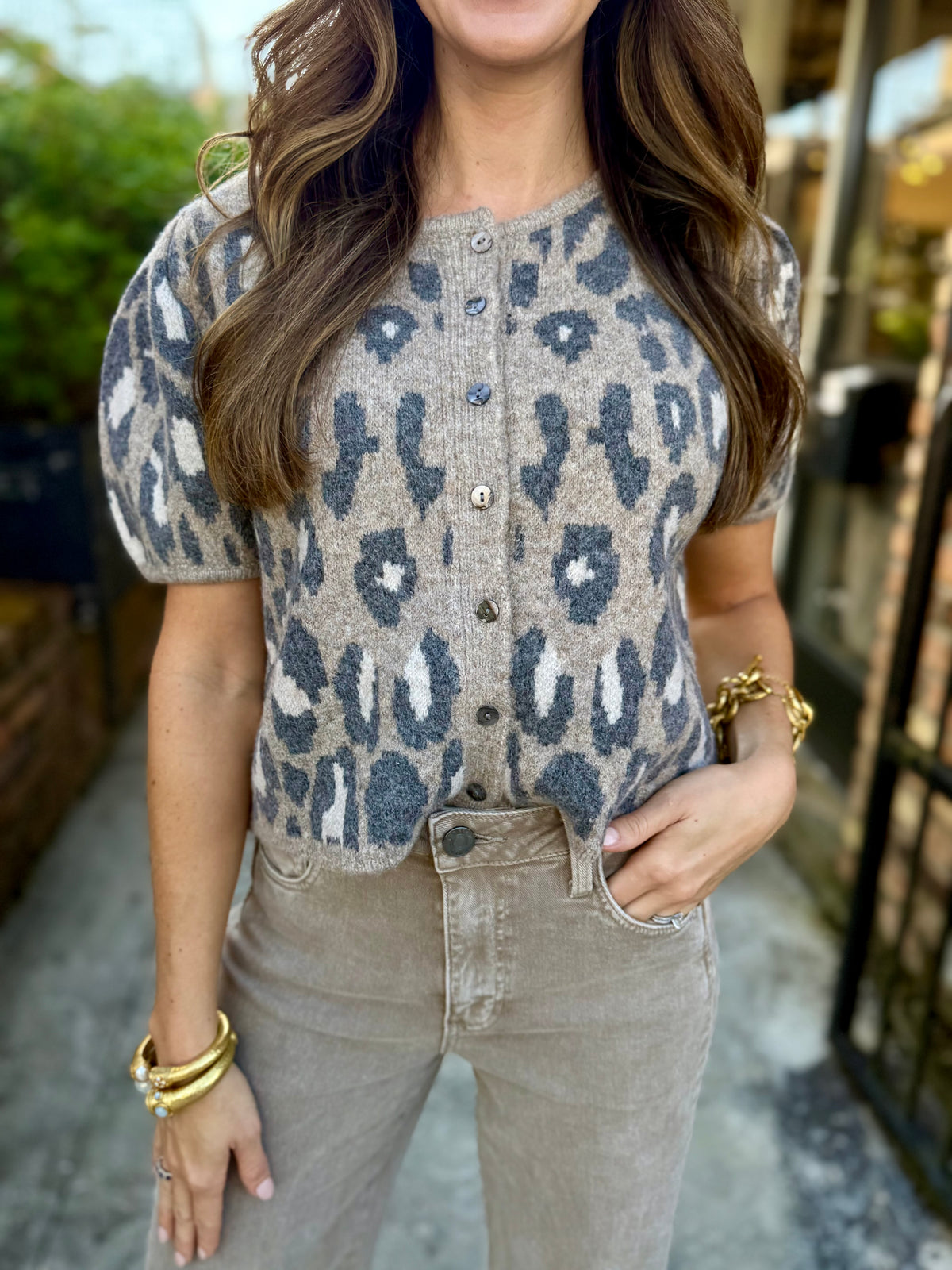Pepita Puff Sleeve Cardigan-Leopard