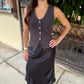 Rhinestone Bow Button Vest- Charcoal