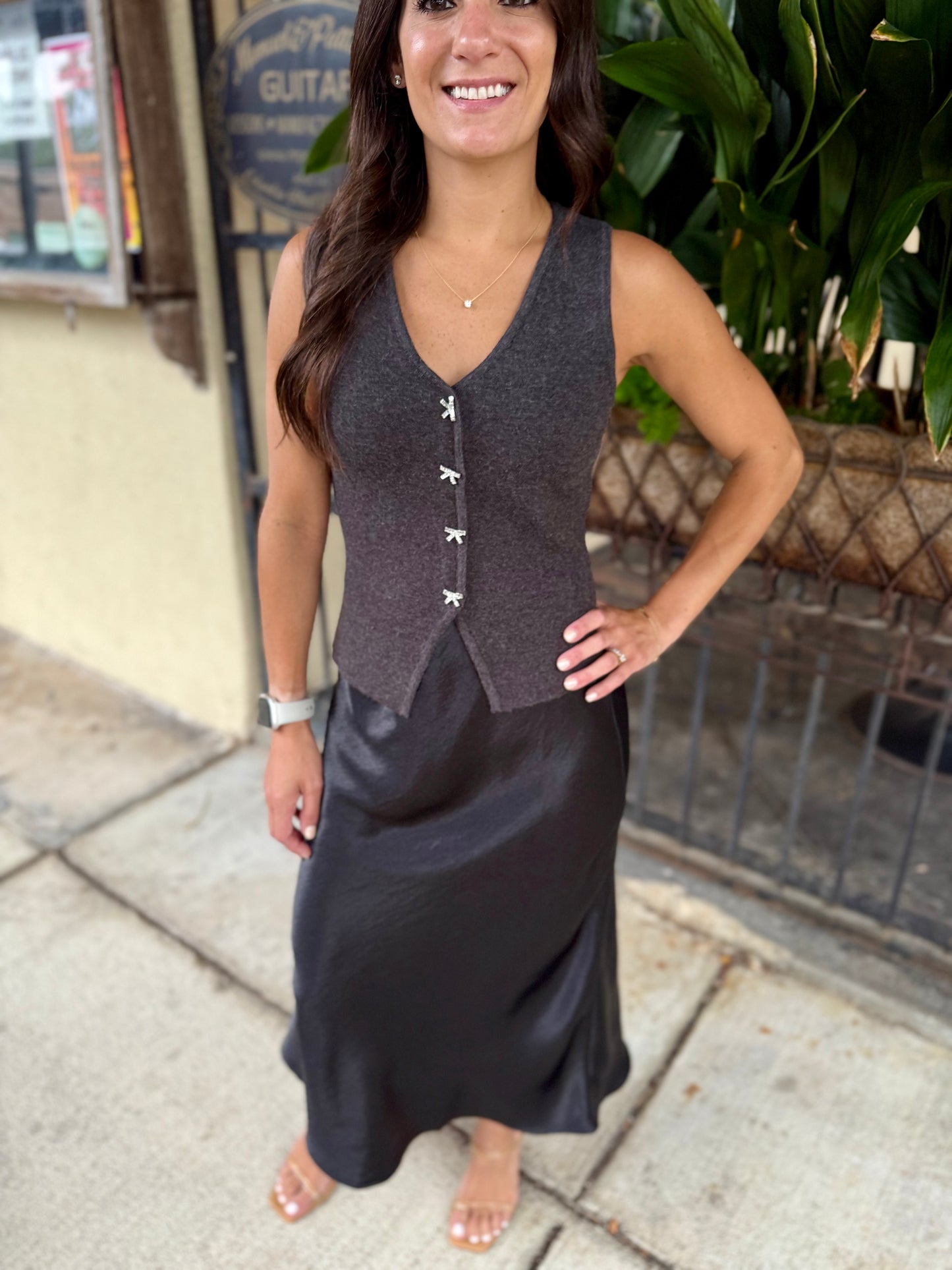 Rhinestone Bow Button Vest- Charcoal