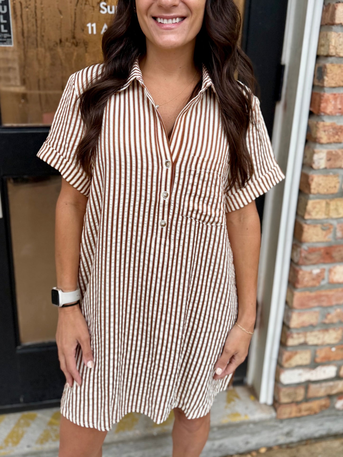 Day Striped Shirt Dress- Brown